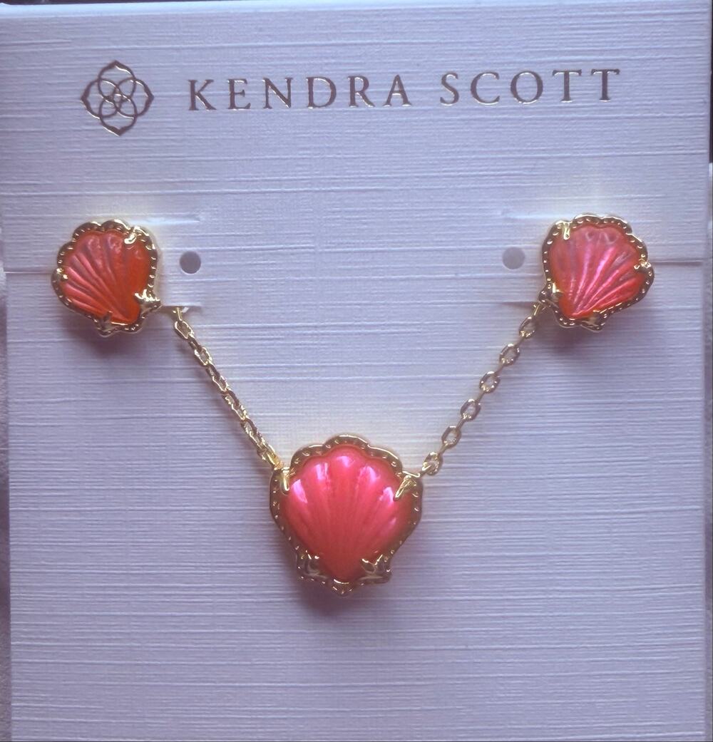 Kendra Scott, seashell necklace, earring, set, gold, and pink